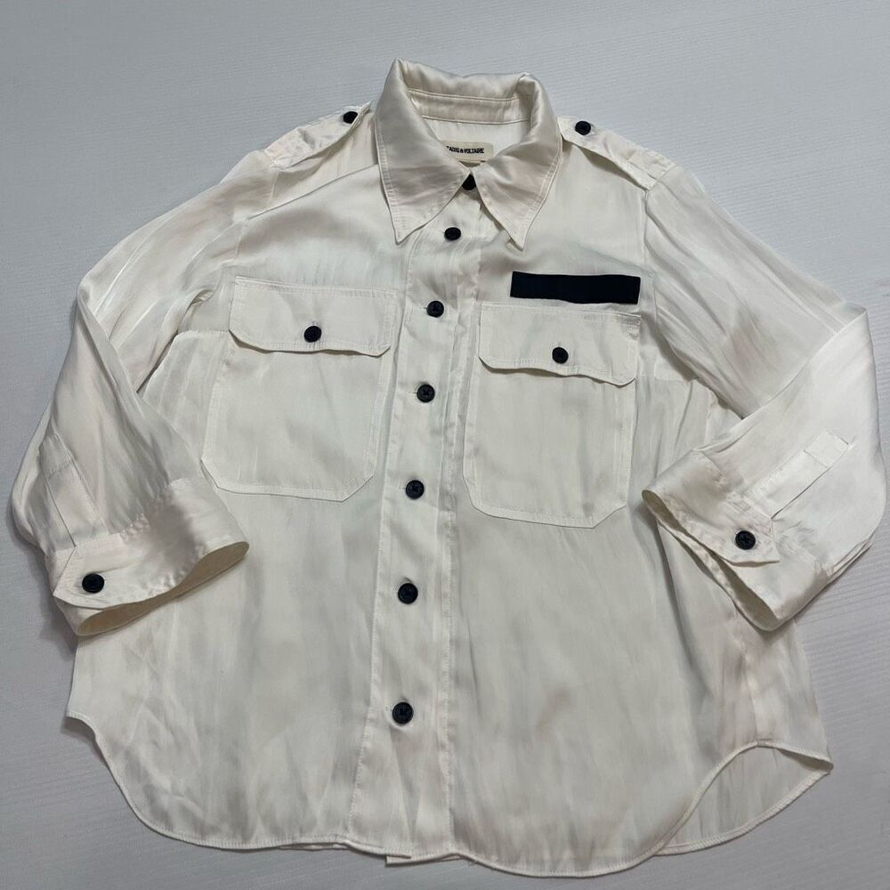 ZADIG & VOLTAIRE Ivory Toast Satin Button up 3/4 sleeve Shirt Size XS